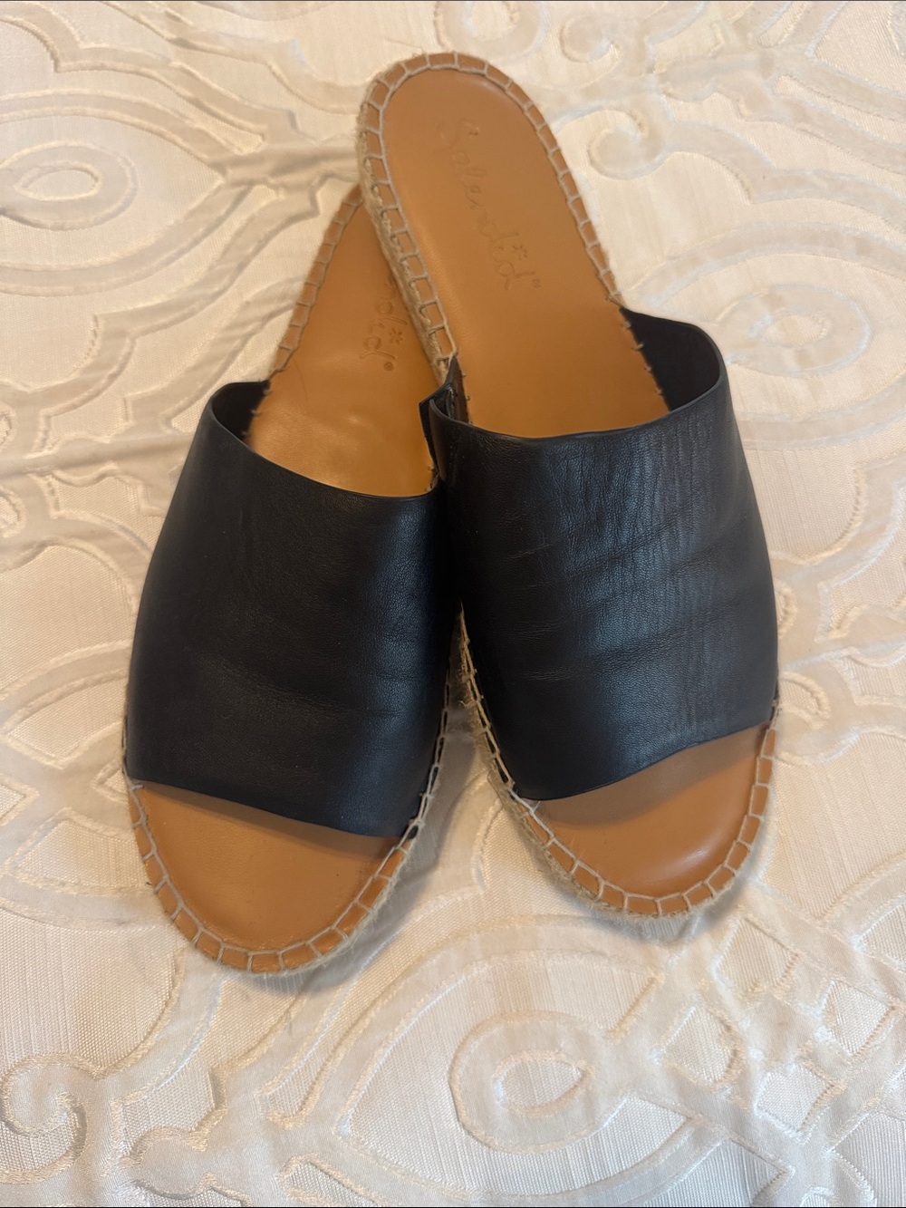 Splendid Black Leather Slide Mules with Tan Footbed